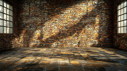 A rustic, sunlit interior of an abandoned warehouse showcasing weathered brick walls and shadows