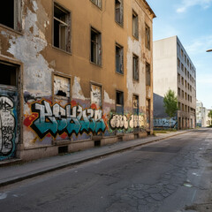 Abandoned urban building with graffiti-covered walls, decayed architecture, neglected infrastructure, street art in empty alley