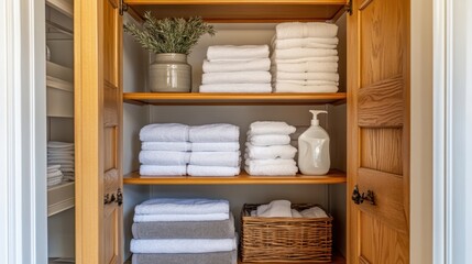 Fototapeta premium A housekeeping supply closet with labeled shelves of towels, linens, and detergent.