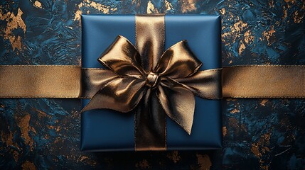 Navy blue gift box with gold ribbon and bow on textured background.