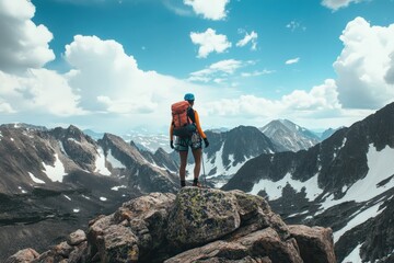 Female hiker conquering mountain peak, admiring breathtaking scenery