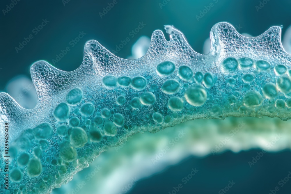 Aufkleber microscopic view of a textured surface with numerous small, translucent spheres embedded within a la