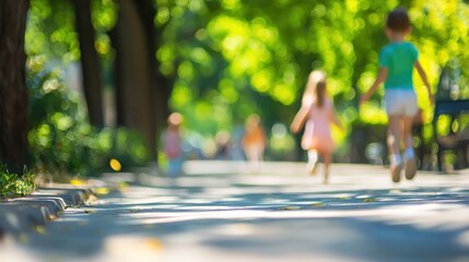 Children running in park, sunny day, blurred background, possible use for children's activities