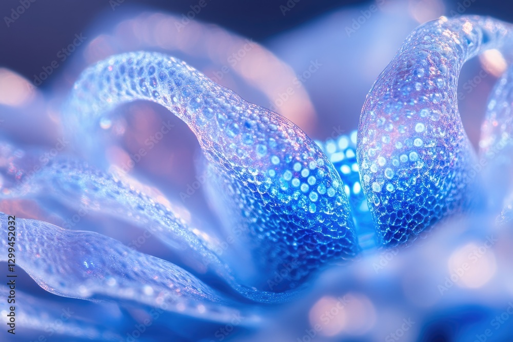 Poster close-up of a translucent, blue flower with a textured surface, illuminated with soft light.