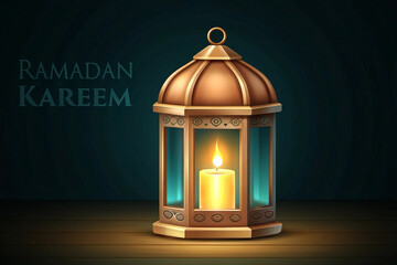 Ramadan Kareem greeting with illuminated lantern on wooden surface.