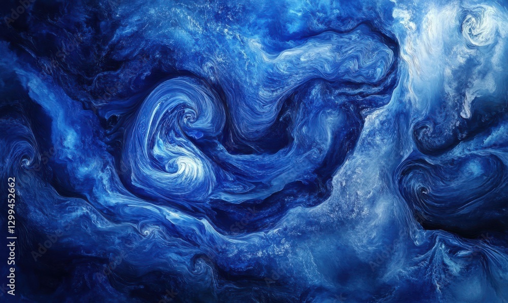Poster abstract aerial view of a swirling ocean current, deep blue tones blending with foamy white details 