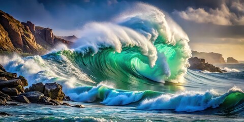 Powerful ocean wave crashing against rugged rocky coastline, rocky coastline