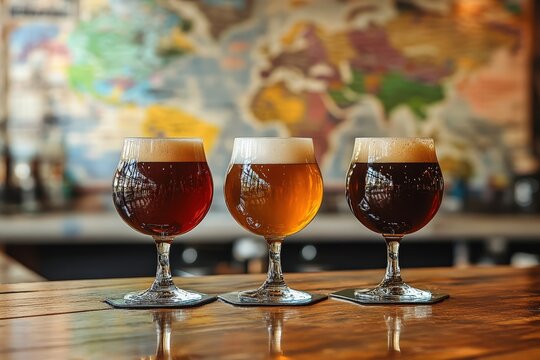 Three beer tasting glasses on wooden table in brewery with world map