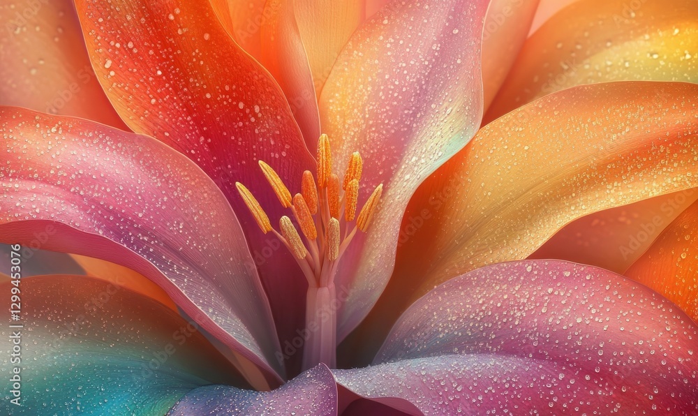 Poster abstract colorful flower petal patterns blending into vibrant rainbow tones, creating a dynamic and 