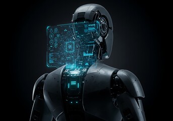 Robot Analyzing Data with Futuristic Interface Against a Dark Background