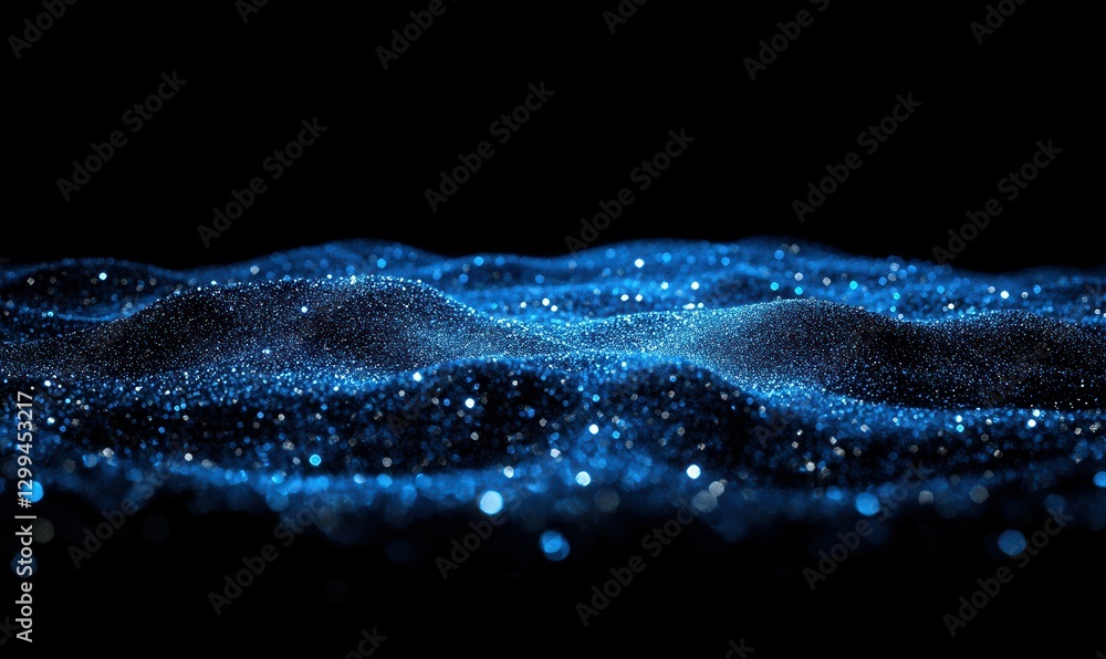 Poster abstract composition of shimmering blue glitter particles glowing softly on a dark background, illum