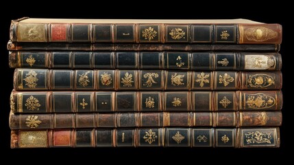 Stack of Antique Leather-Bound Books Displaying Ornate Gold Decorations