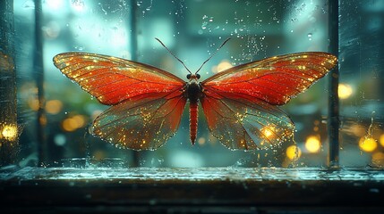 Luminous butterfly on rain-streaked window.