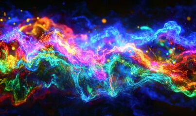 Obraz premium Abstract digital art of glowing particles forming dynamic waves, vibrant neon tones blending smoothly, futuristic and clean design, sharp and detailed