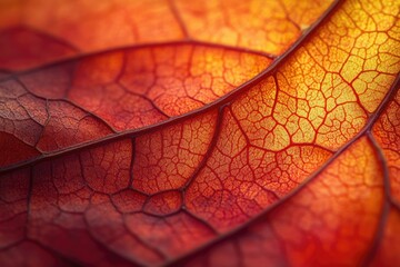 Intricate vein structure of an autumn leaf, vibrant red and orange hues, backlit detail.