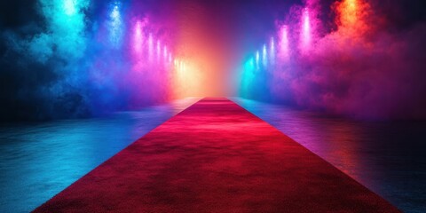 Colorful lighting highlights a vibrant red carpet surrounded by fog at an event venue during the evening