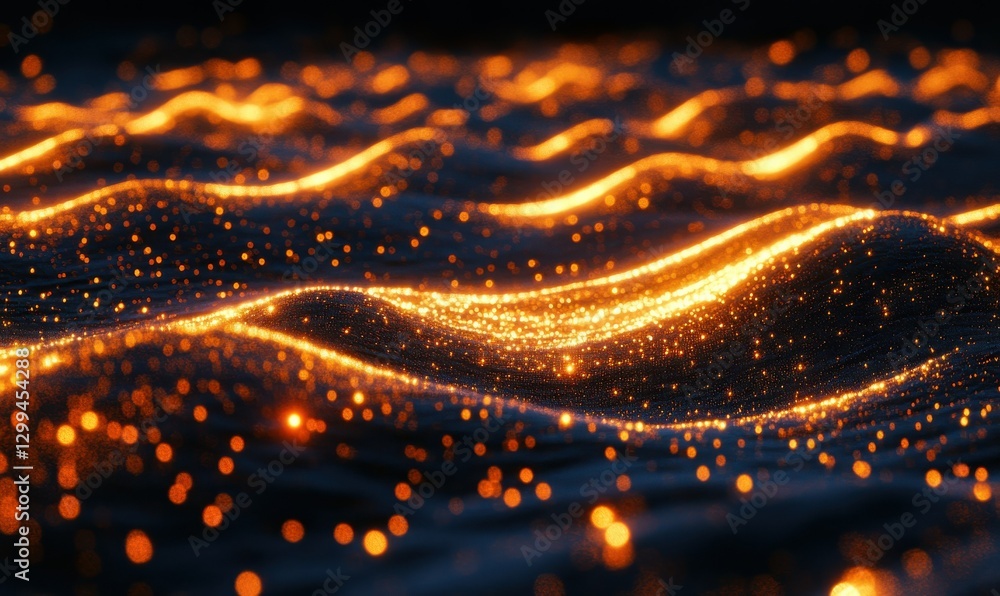 Poster abstract glowing wave patterns in shades of orange and blue illuminated by gradient light creating a