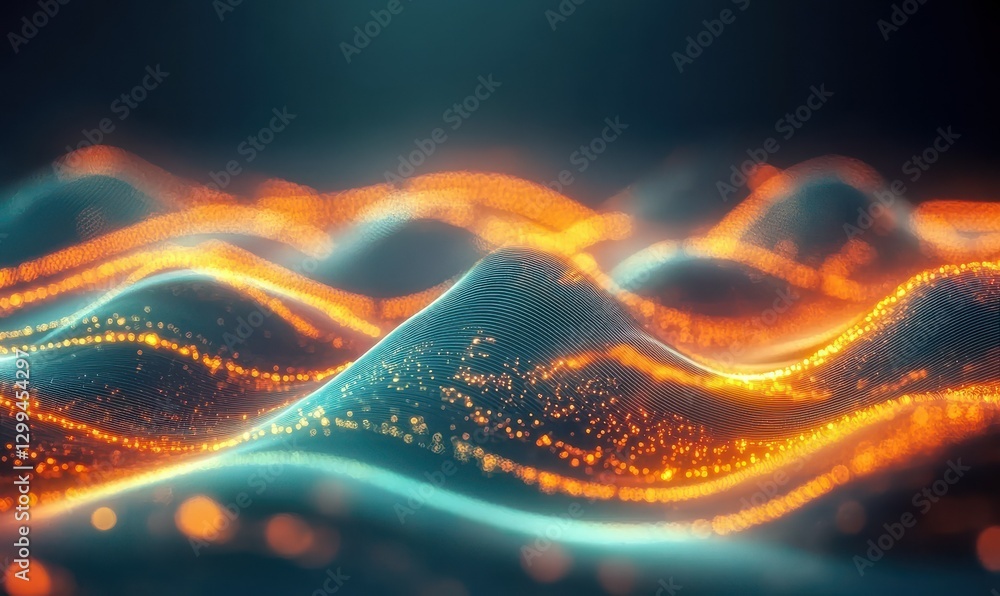 Poster abstract glowing wave-like patterns in bold teal and orange tones forming sleek dynamic designs illu