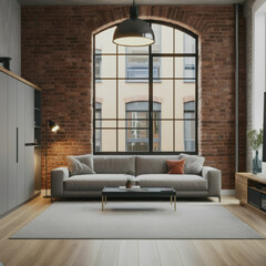 Bright loft living space with large windows, exposed brick walls, modern interior, cozy home atmosphere, contemporary urban design