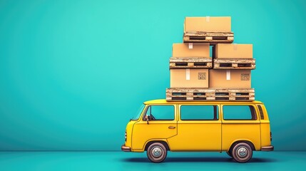 Yellow van with cargo pallets on a teal background