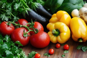 Fresh vegetables on wooden table promoting healthy eating