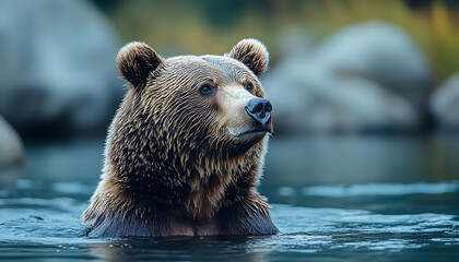 Obraz premium Majestic Grizzly Bear Emerging from Serene Waters in Nature