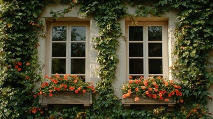 Cottage windows framed by green ivy, red flowers in window boxes, exterior shot