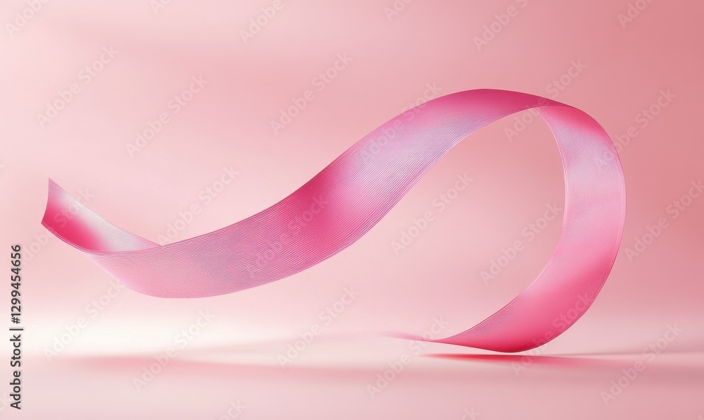 Poster abstract pink ribbon floating gracefully against a pastel background, soft light emphasizing its smo