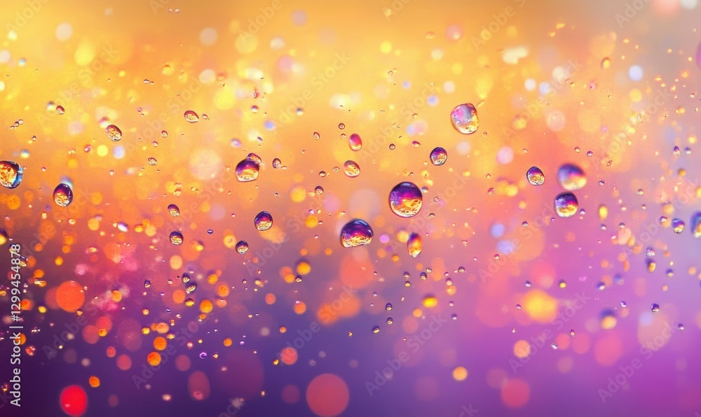 Poster abstract splash of colorful paint droplets frozen mid-air against a gradient background illuminated 