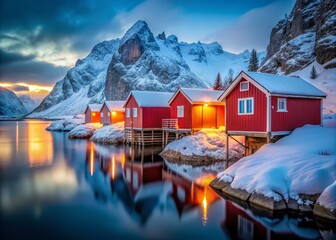 Fototapeta premium Charming Red Cabins Snowy Fjord Winter Getaway Cozy Escape Norway Scenery