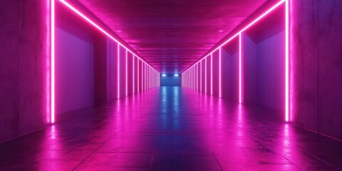 Neon-lit corridor creates an immersive atmosphere in an urban space at night