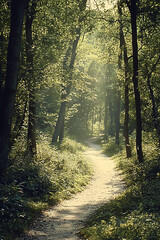 Naklejka premium serene forest path sunlight outdoor tranquility