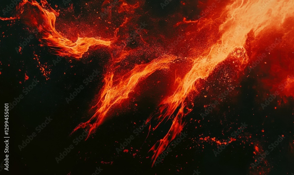 Poster abstract streaks of fiery orange and red light on a black canvas, illuminated by dramatic gradient l
