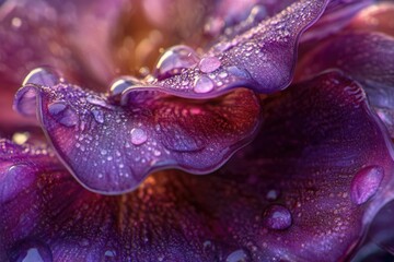 Close-up of dew-covered purple flower petals, showcasing intricate details and vibrant colors.