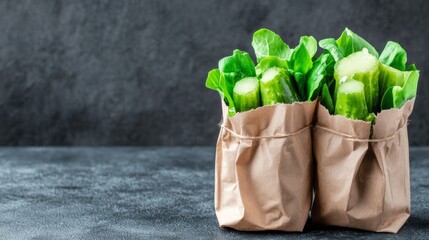 Fresh cucumbers and greens in brown paper bags on dark background
