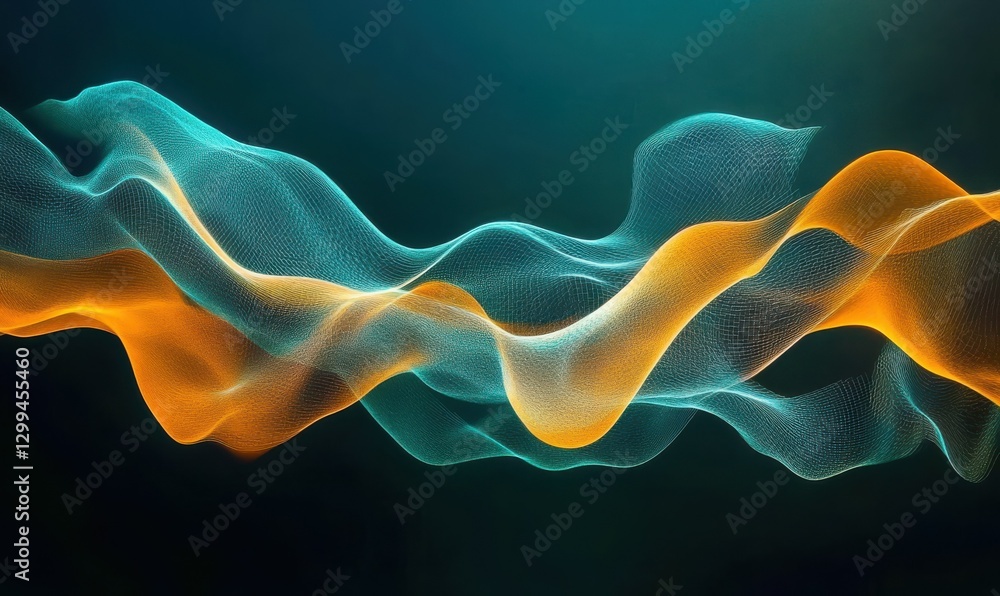 Poster abstract teal and orange wave-like patterns illuminated by gradient lighting forming dynamic futuris