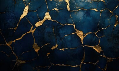 Abstract textured background in deep navy and gold tones with intricate crack patterns, glowing softly under dramatic lighting, creating a luxurious aesthetic,