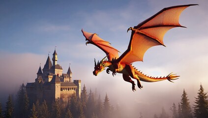 Fototapeta premium Majestic dragon soars over enchanted castle fantasy landscape cinematic view