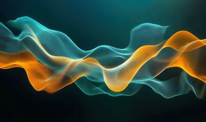 Abstract teal and orange wave-like patterns illuminated by gradient lighting forming dynamic futuristic designs .