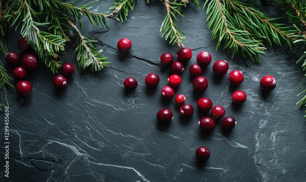 Poster artistic arrangement of fresh cranberries and evergreen branches on a slate surface, illuminated by 