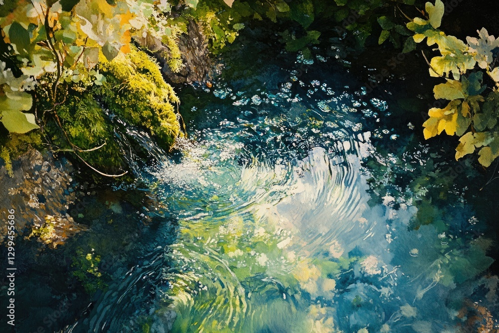 Poster serene stream flows over moss-covered rocks, sunlight reflecting on the water's surface, creating a 