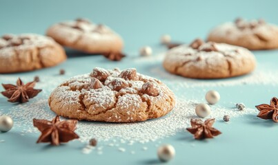 Artistic arrangement of freshly baked cookies on a light blue background, sprinkled with powdered sugar and surrounded by small festive decorations