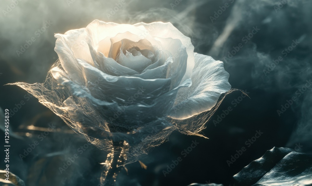 Poster artistic close-up of a delicate white rose illuminated by diffused light, soft shadows emphasizing t