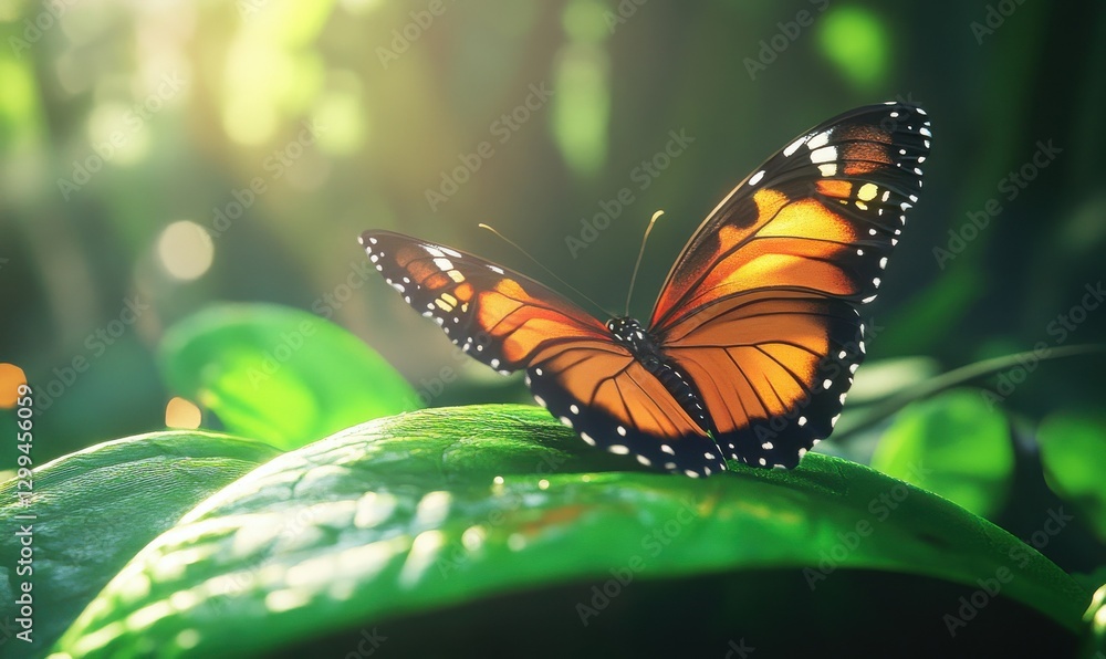 Poster elegant butterfly with intricate wing patterns resting on a vibrant green leaf, illuminated by soft 