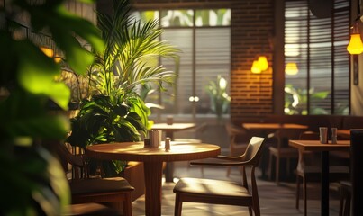 Cozy cafe interior featuring warm wooden furniture, indoor plants, and soft ambient lighting enhancing the relaxing mood.