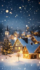 Fototapeta premium A Snowy Village Lit Up With Holiday Decorations At Night