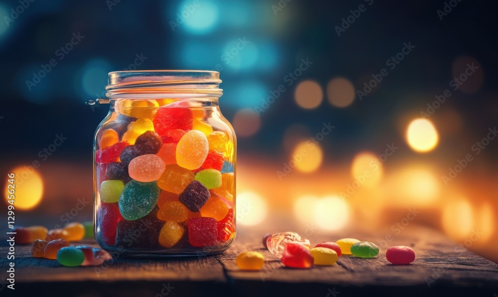 Poster elegant glass jar filled with colorful candies placed on a rustic table illuminated by soft glowing 