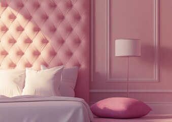 Pink bedroom headboard, white bedding, soft light, modern interior, stylish design, photorealistic rendering, use for interior design, home decor catalog