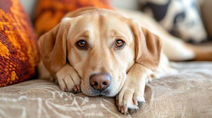 Obraz premium Happy labrador retriever resting comfortably on a cozy couch surrounded by colorful cushions
