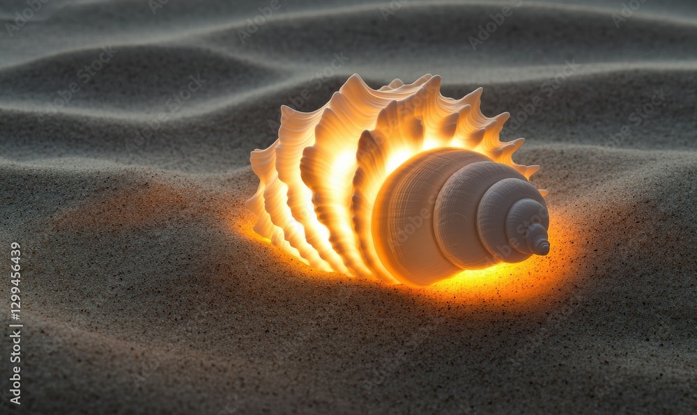 Aufkleber elegant seashell illuminated by glowing light, placed on a soft sandy surface, creating a natural an